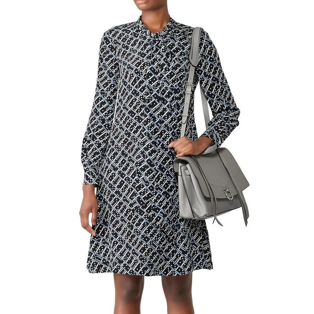 L.K. Bennett Domino Lotte Dress 100% Silk Long Sleeve Tie Neck Shift Blue 8